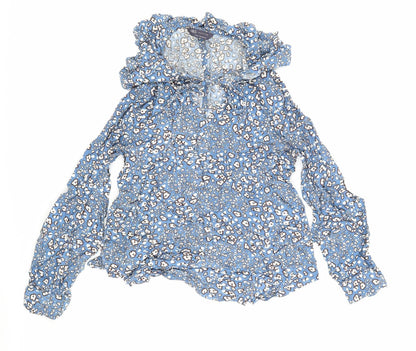 Marks & Spencer Womens Blue Floral Viscose Basic Blouse Size 8 Round Neck - Flowers