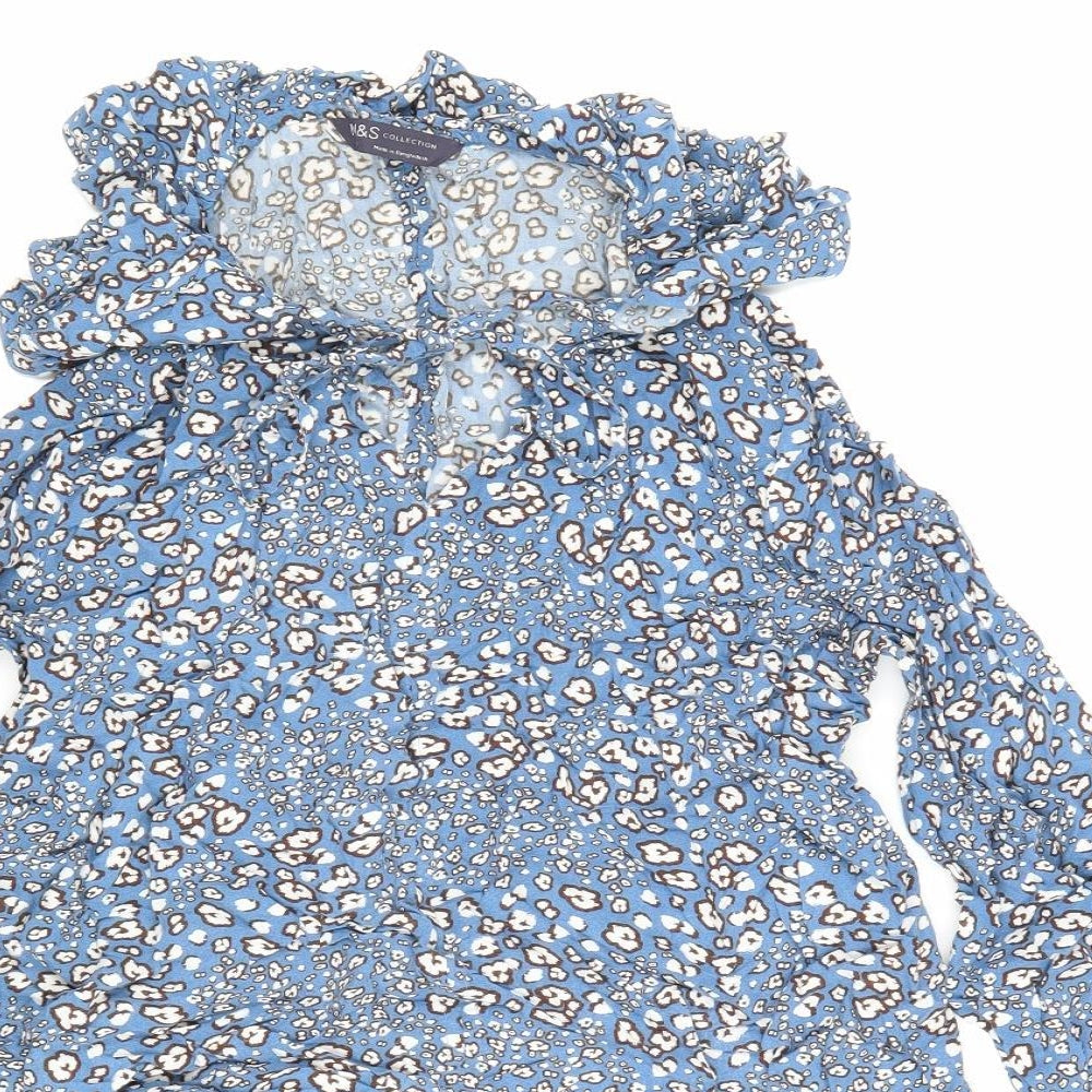 Marks and Spencer Womens Blue Floral Viscose Basic Blouse Size 8 Round Neck - Flowers