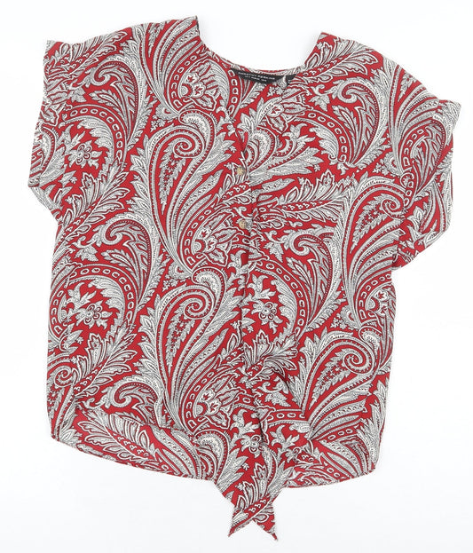 Dorothy Perkins Womens Red Paisley Polyester Basic Blouse Size 8 V-Neck - Tie Front