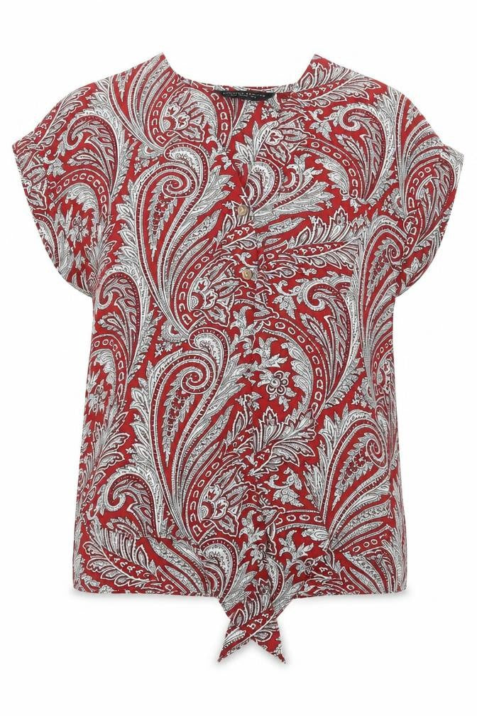 Dorothy Perkins Womens Red Paisley Polyester Basic Blouse Size 8 V-Neck - Tie Front