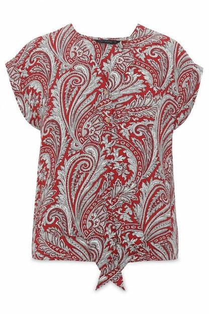 Dorothy Perkins Womens Red Paisley Polyester Basic Blouse Size 8 V-Neck - Tie Front