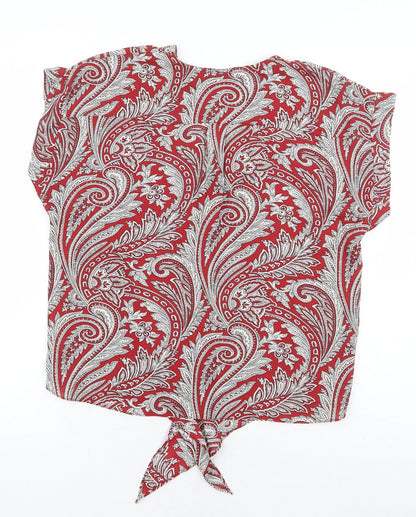 Dorothy Perkins Womens Red Paisley Polyester Basic Blouse Size 8 V-Neck - Tie Front