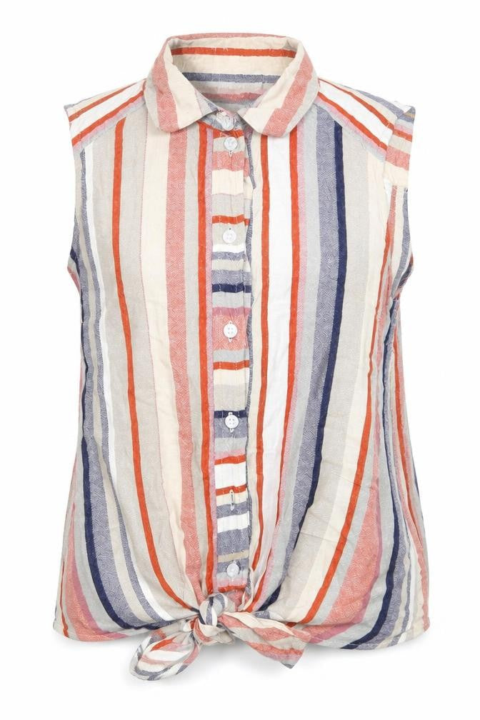 Warehouse Womens Multicoloured Striped Polyester Basic Button-Up Size 8 Collared - Tie Front