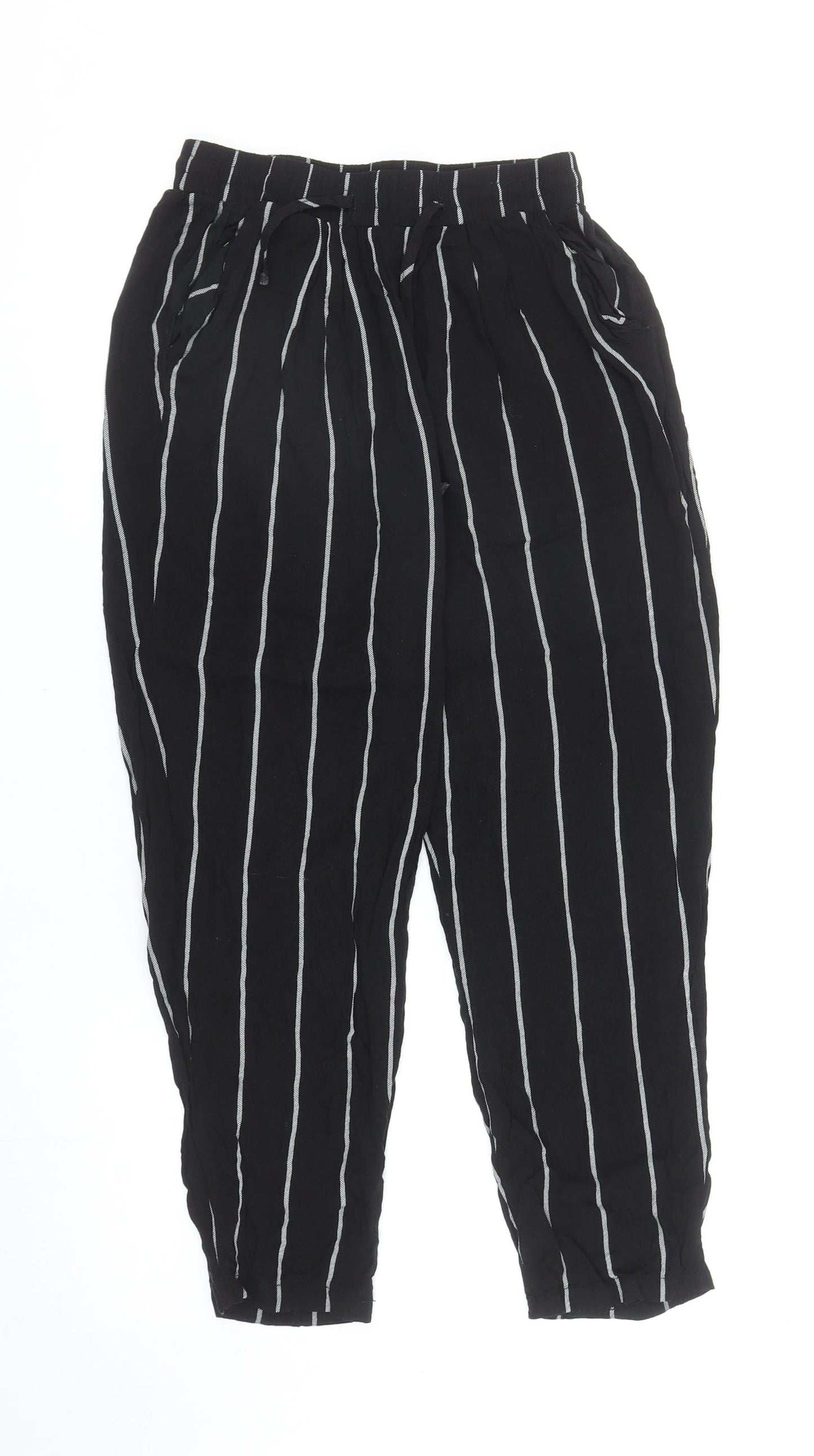 PRETTYLITTLETHING Womens Black Striped Viscose Harem Trousers Size 6 L23 in Regular Drawstring