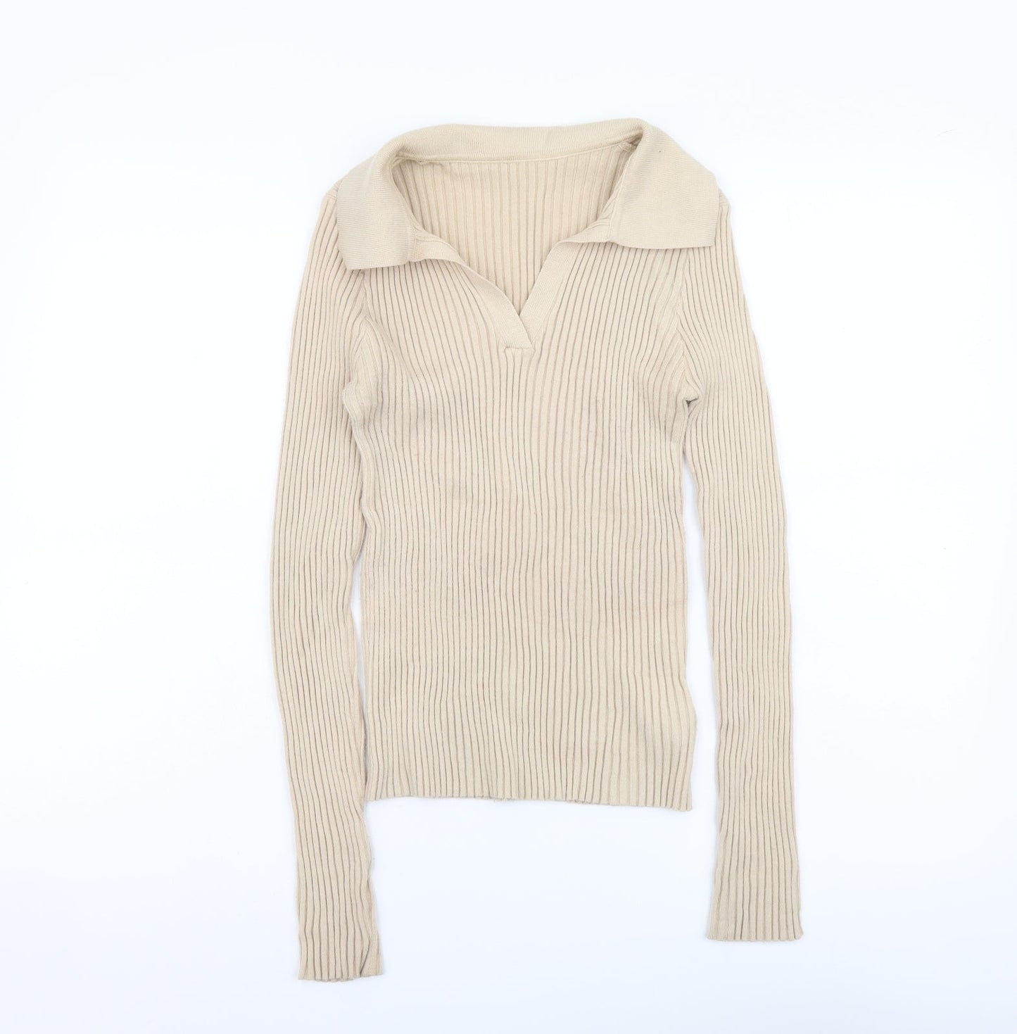 Dazy Womens Beige Collared Polyester Pullover Jumper Size M - Ribbed