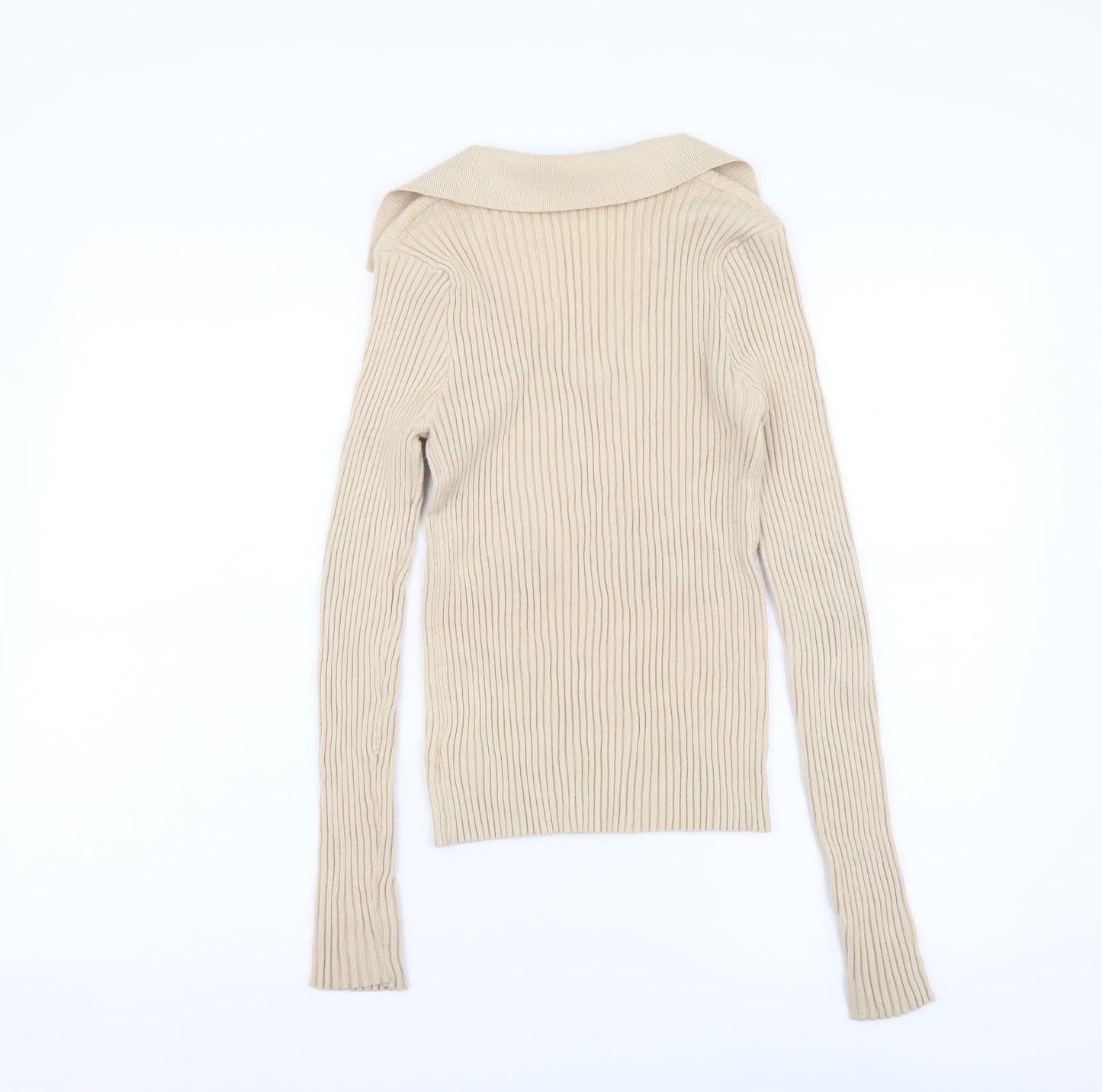 Dazy Womens Beige Collared Polyester Pullover Jumper Size M - Ribbed