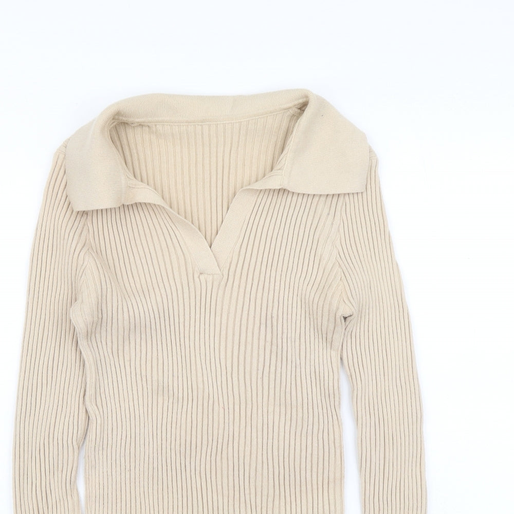 Dazy Womens Beige Collared Polyester Pullover Jumper Size M - Ribbed