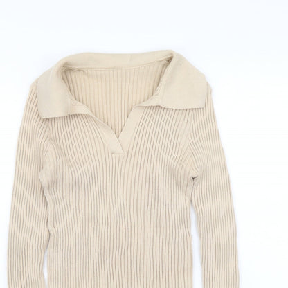 DAZY Womens Beige Collared Polyester Pullover Jumper Size M - Ribbed