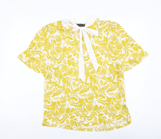 Marks and Spencer Womens Yellow Geometric Viscose Basic Blouse Size 14 Round Neck