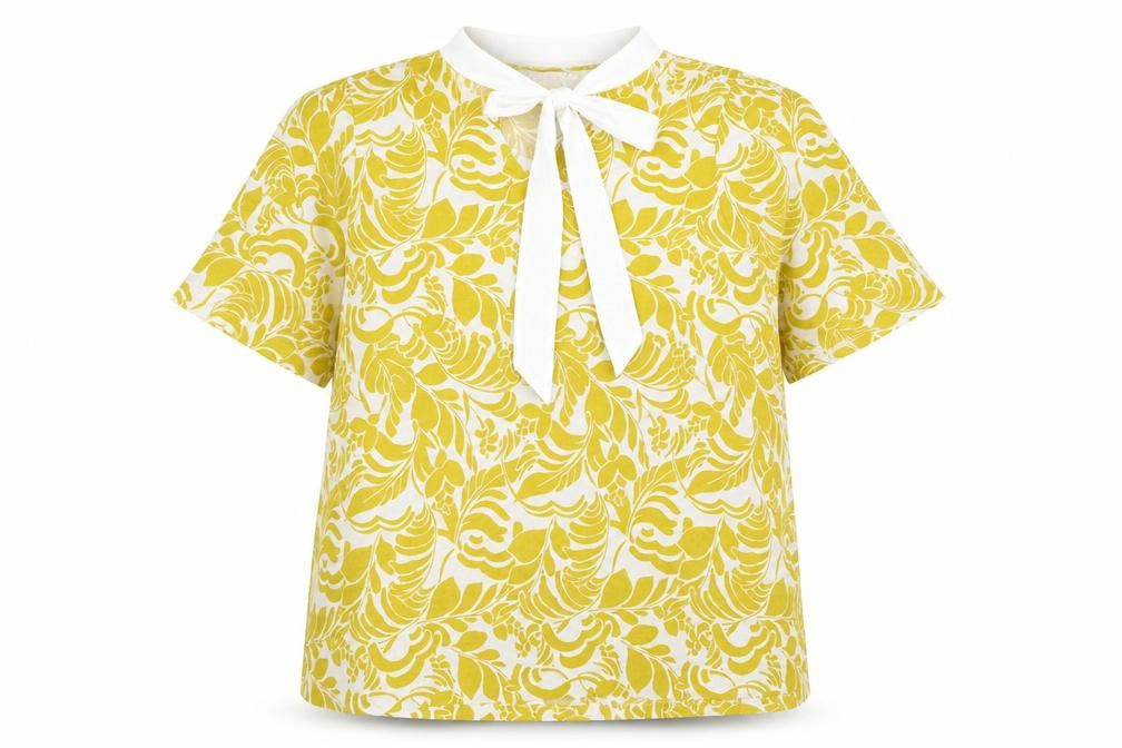 Marks & Spencer Womens Yellow Geometric Viscose Basic Blouse Size 14 Round Neck