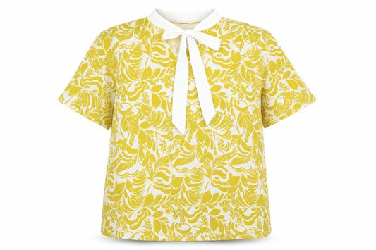 Marks & Spencer Womens Yellow Geometric Viscose Basic Blouse Size 14 Round Neck