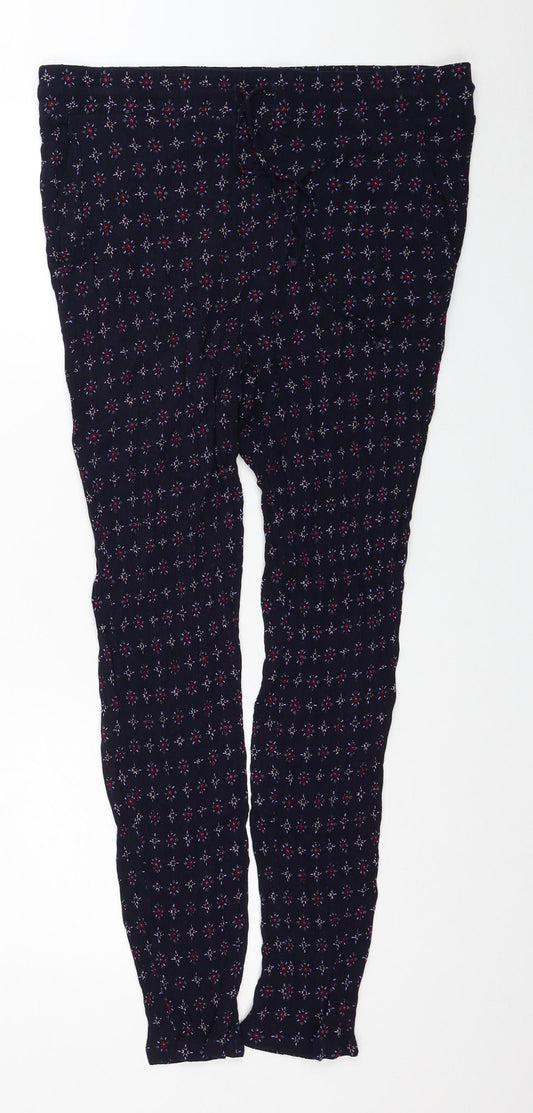Marks and Spencer Womens Blue Floral Viscose Carrot Trousers Size 14 L26 in Regular Drawstring