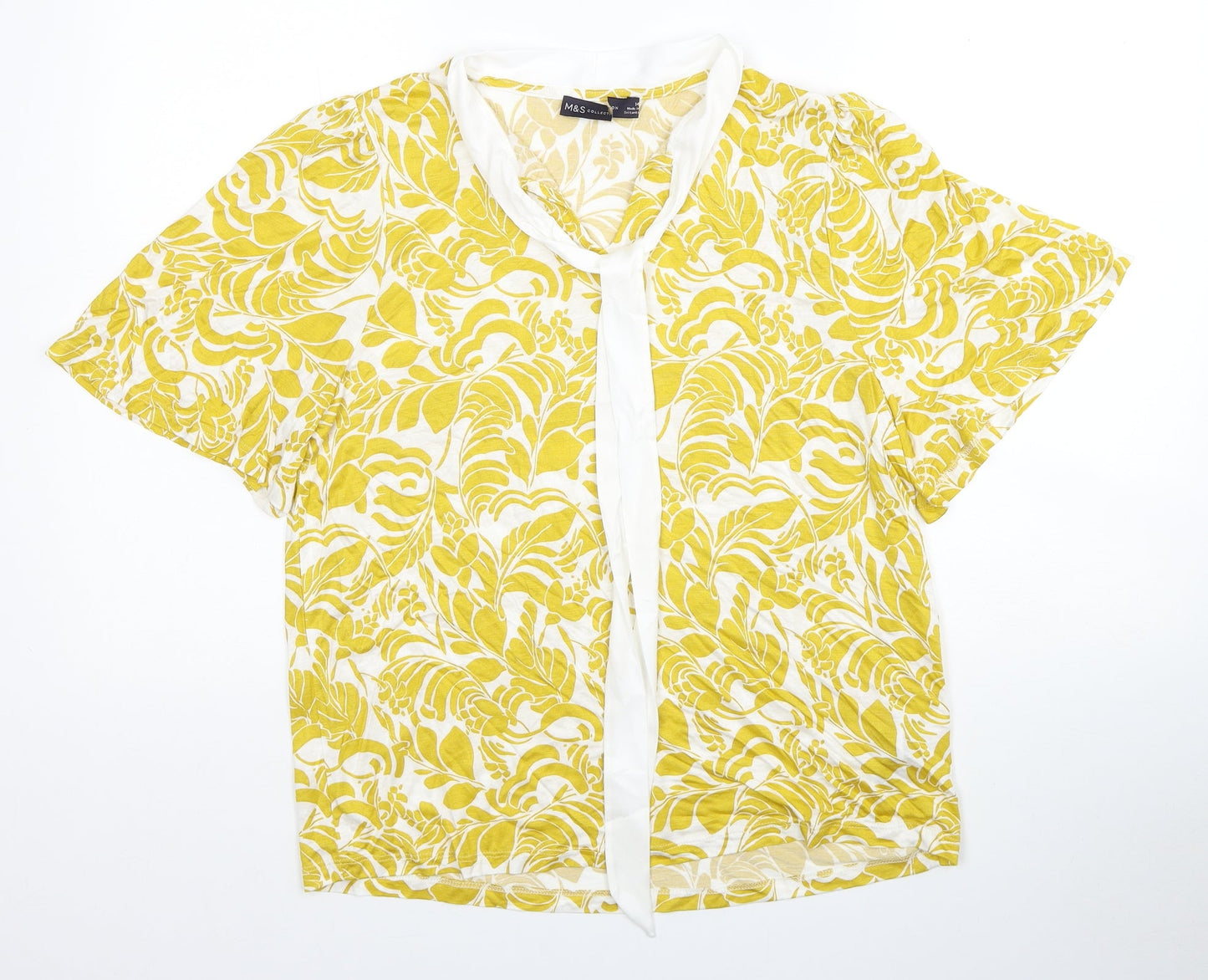 Marks and Spencer Womens Yellow Floral Viscose Basic Blouse Size 14 V-Neck