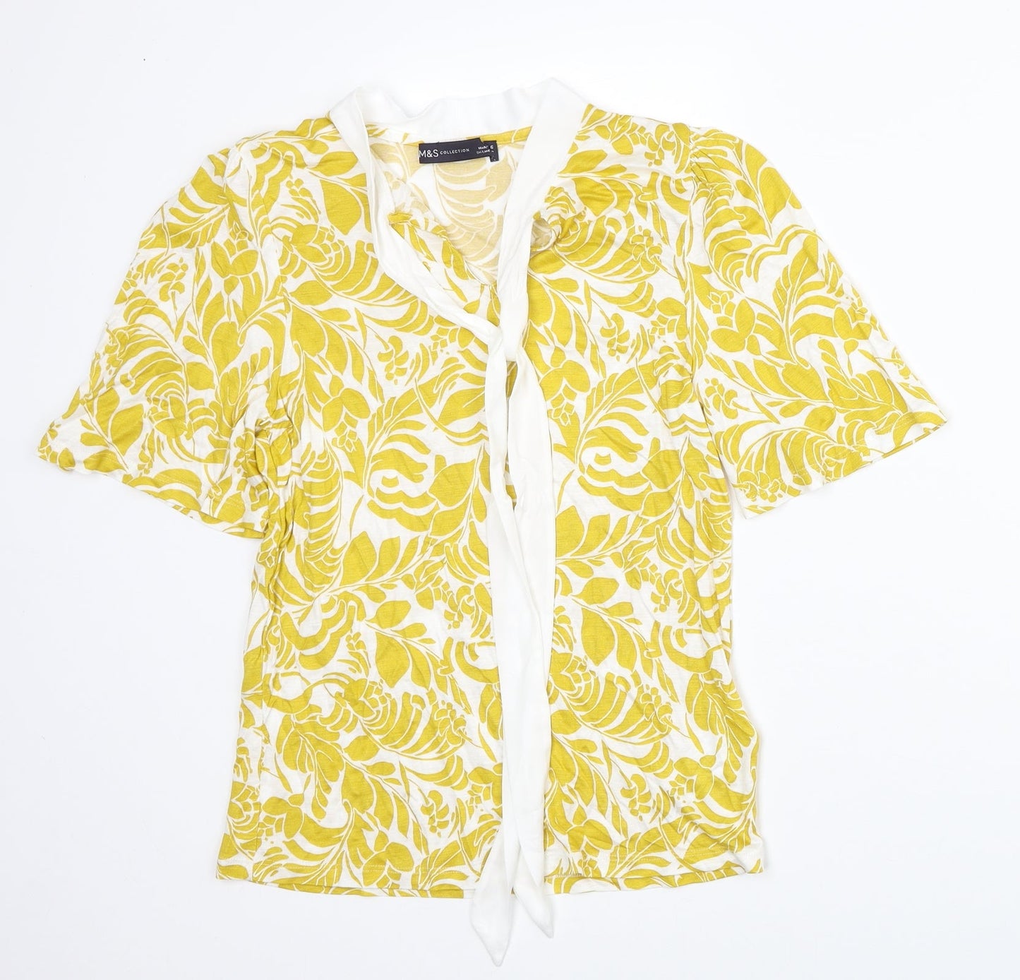 Marks and Spencer Womens Yellow Floral Viscose Basic Blouse Size 6 V-Neck