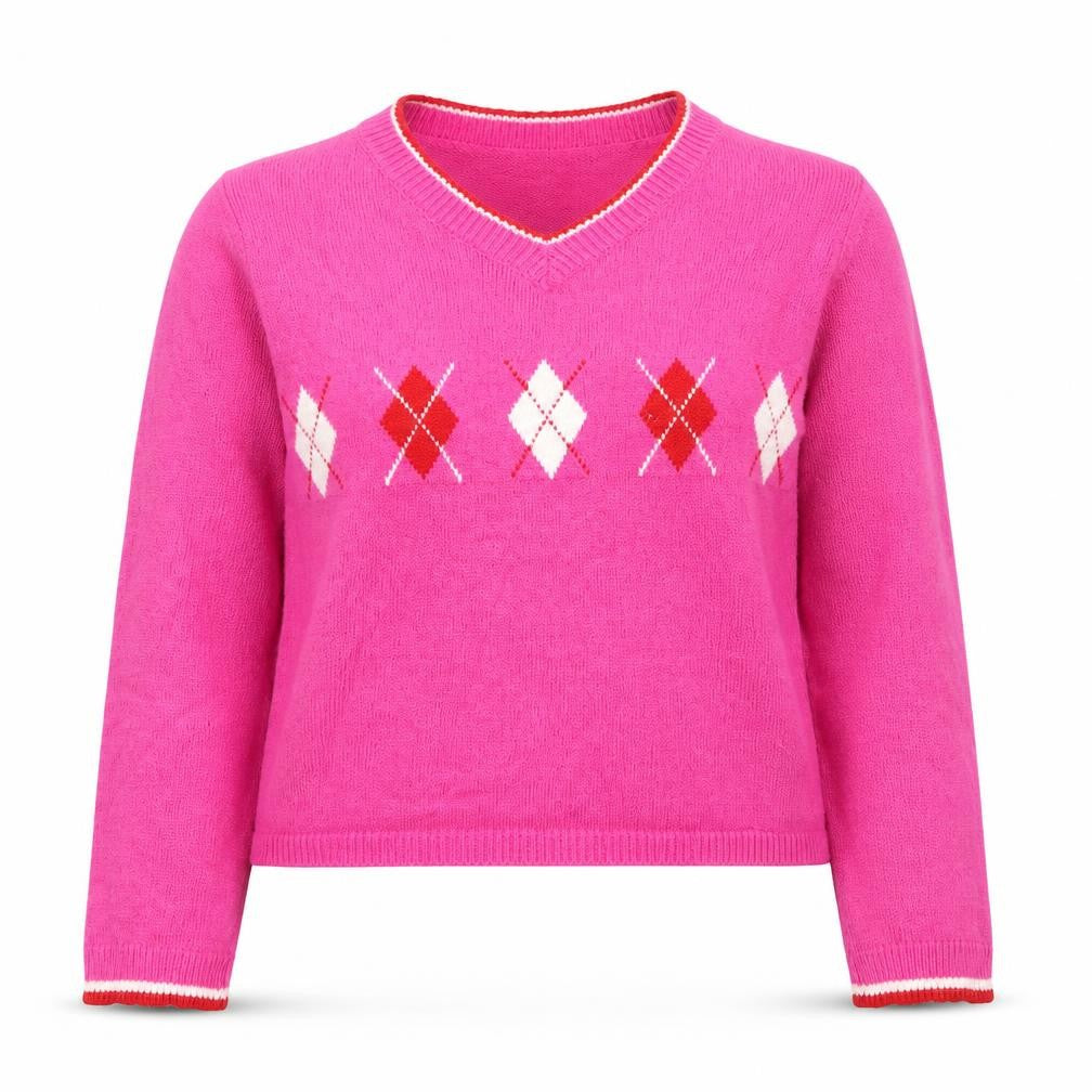 SheIn Womens Pink Round Neck Argyle/Diamond Polyester Pullover Jumper One Size