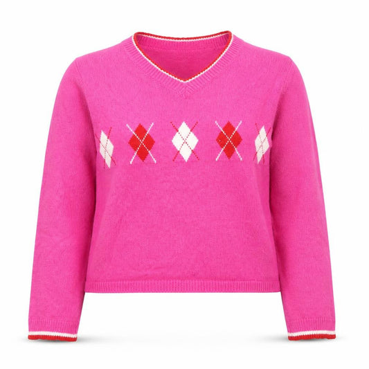 SHEIN Womens Pink Round Neck Argyle/Diamond Polyester Pullover Jumper One Size
