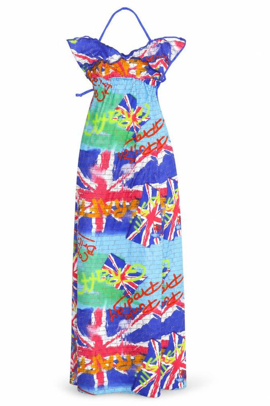 Roma Hollywood Womens Multicoloured Geometric Nylon Maxi Size S V-Neck Tie - Lace Up Back