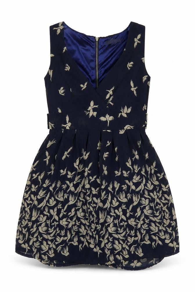 Lenki Womens Blue Geometric Cotton Fit & Flare Size M V-Neck Zip - Bird Print