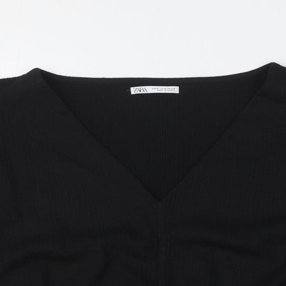 Zara Womens Black Polyester Basic Blouse Size M V-Neck