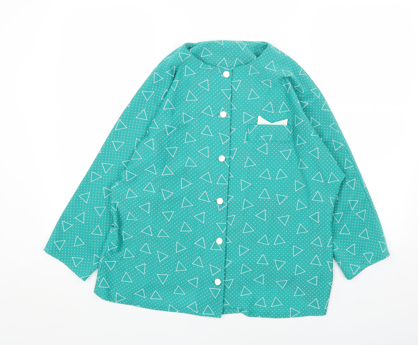 Preworn Womens Green Geometric Polyester Basic Button-Up Size 16 Round Neck