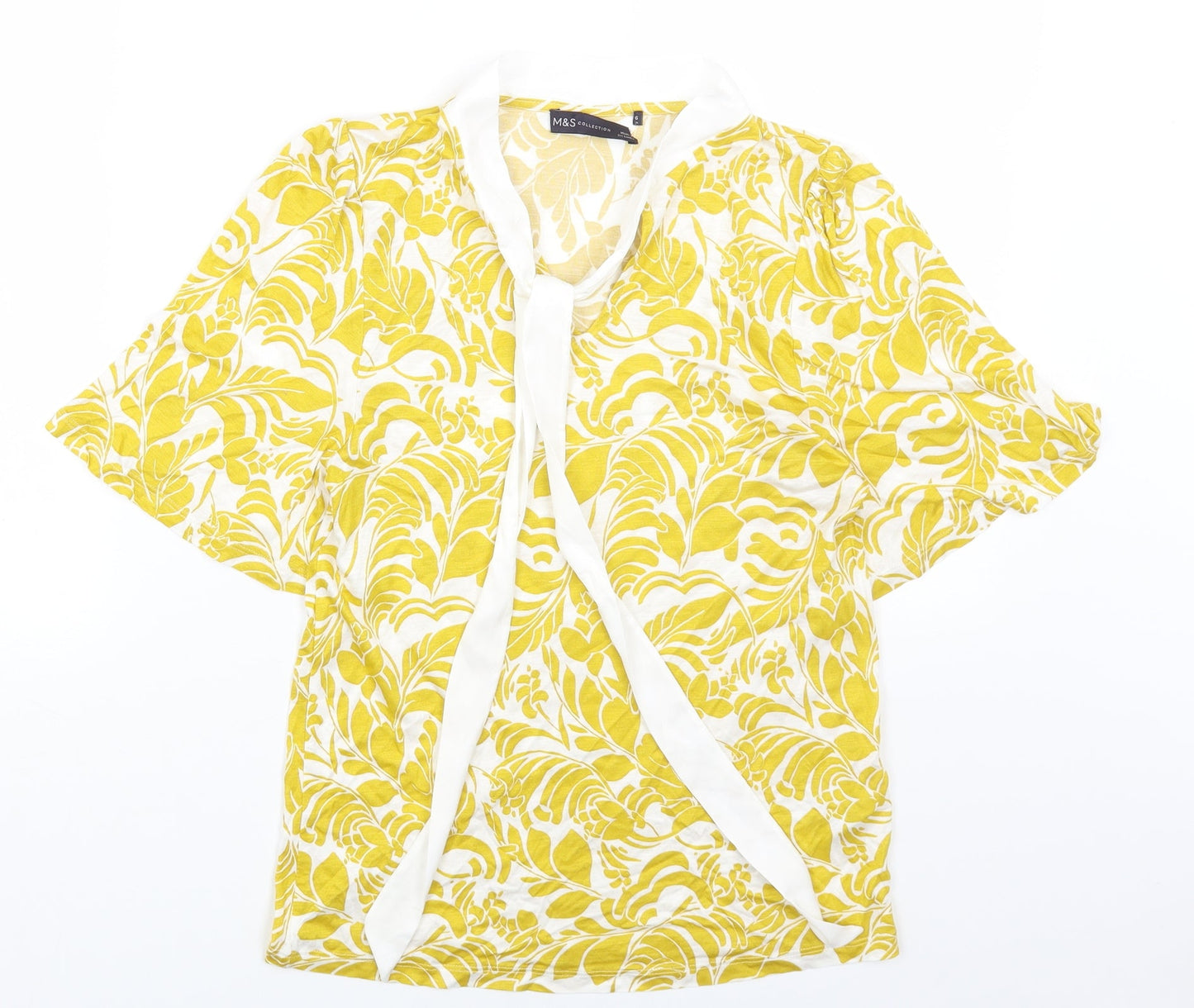 Marks and Spencer Womens Yellow Floral Viscose Basic T-Shirt Size 6 Round Neck