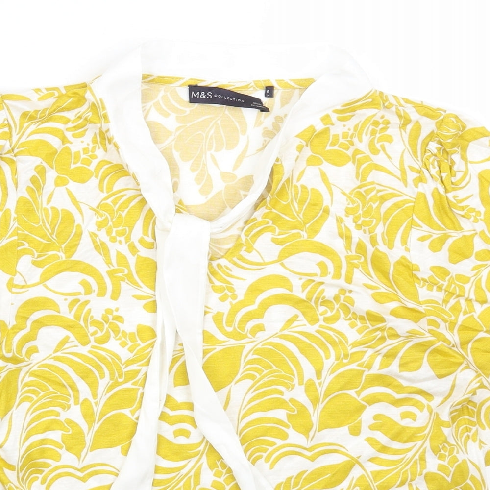 Marks and Spencer Womens Yellow Floral Viscose Basic T-Shirt Size 6 Round Neck