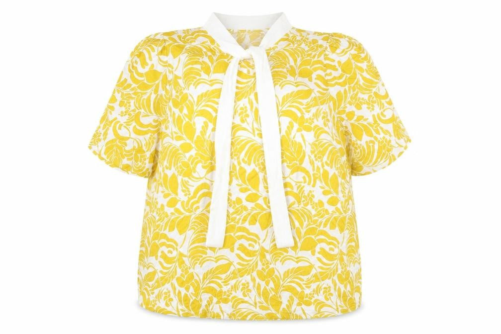 Marks & Spencer Womens Yellow Geometric Viscose Basic Blouse Size 14 Round Neck