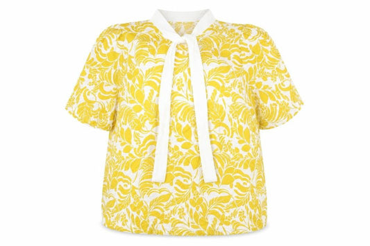 Marks & Spencer Womens Yellow Geometric Viscose Basic Blouse Size 14 Round Neck