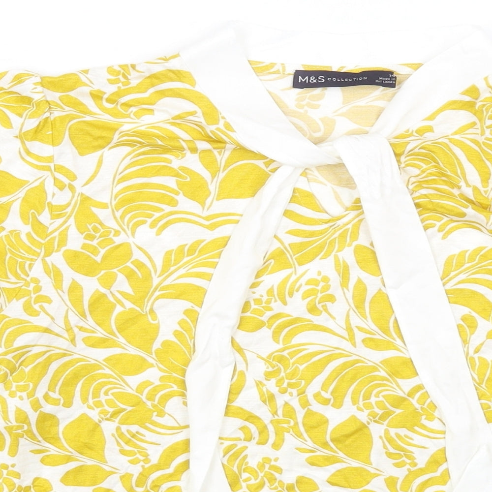 Marks and Spencer Womens Yellow Geometric Viscose Basic Blouse Size 14 Round Neck