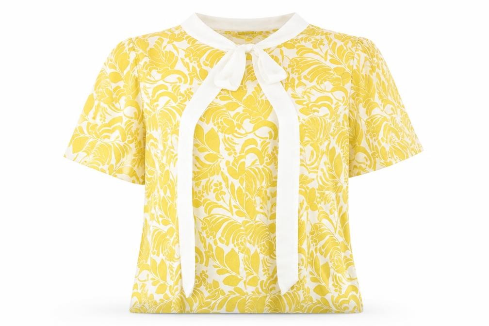 Marks & Spencer Womens Yellow Geometric Viscose Basic Blouse Size 12 Round Neck