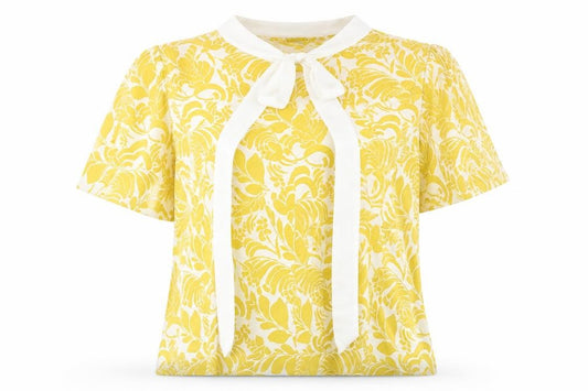 Marks & Spencer Womens Yellow Geometric Viscose Basic Blouse Size 12 Round Neck