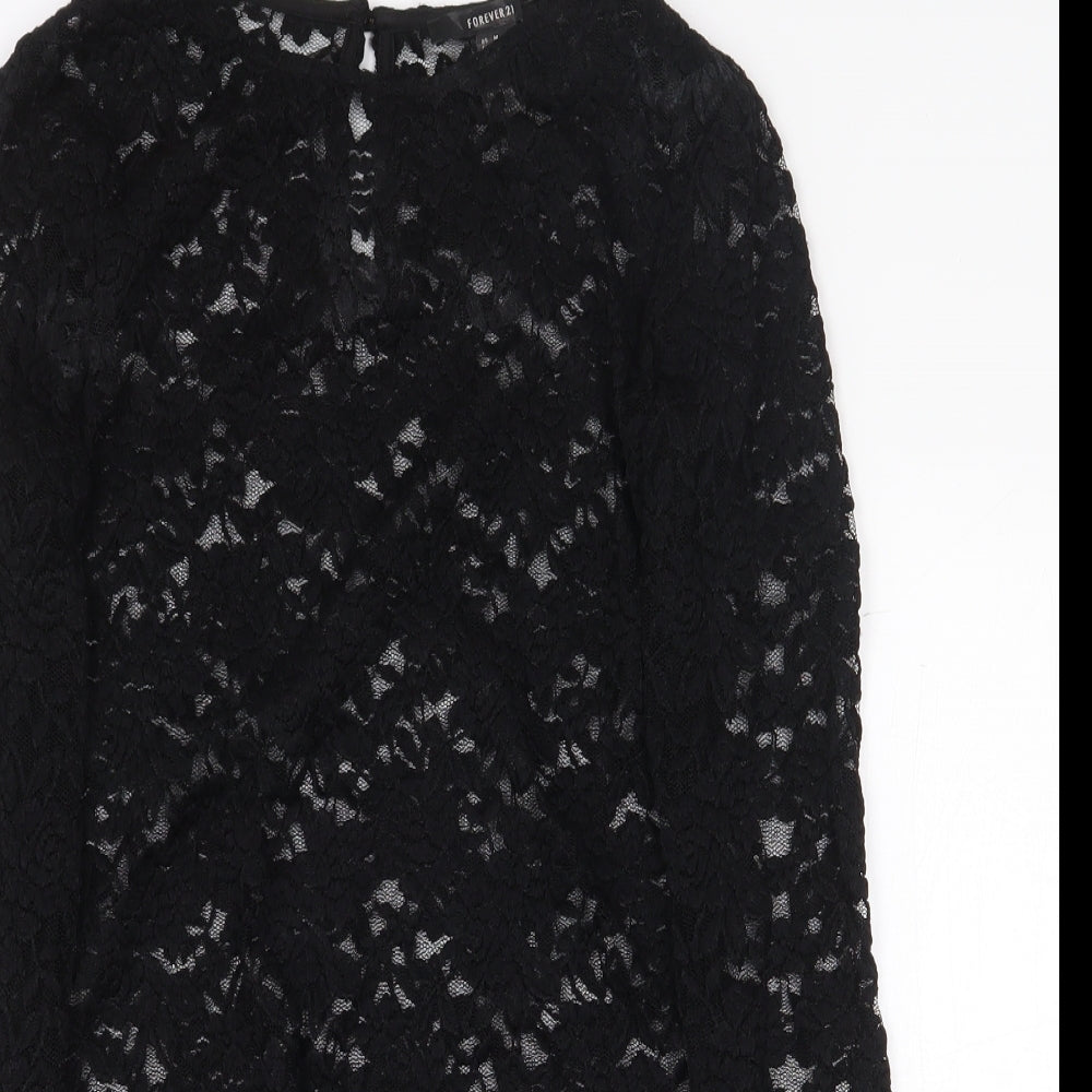 FOREVER 21 Womens Black Floral Nylon Basic Blouse Size M Boat Neck