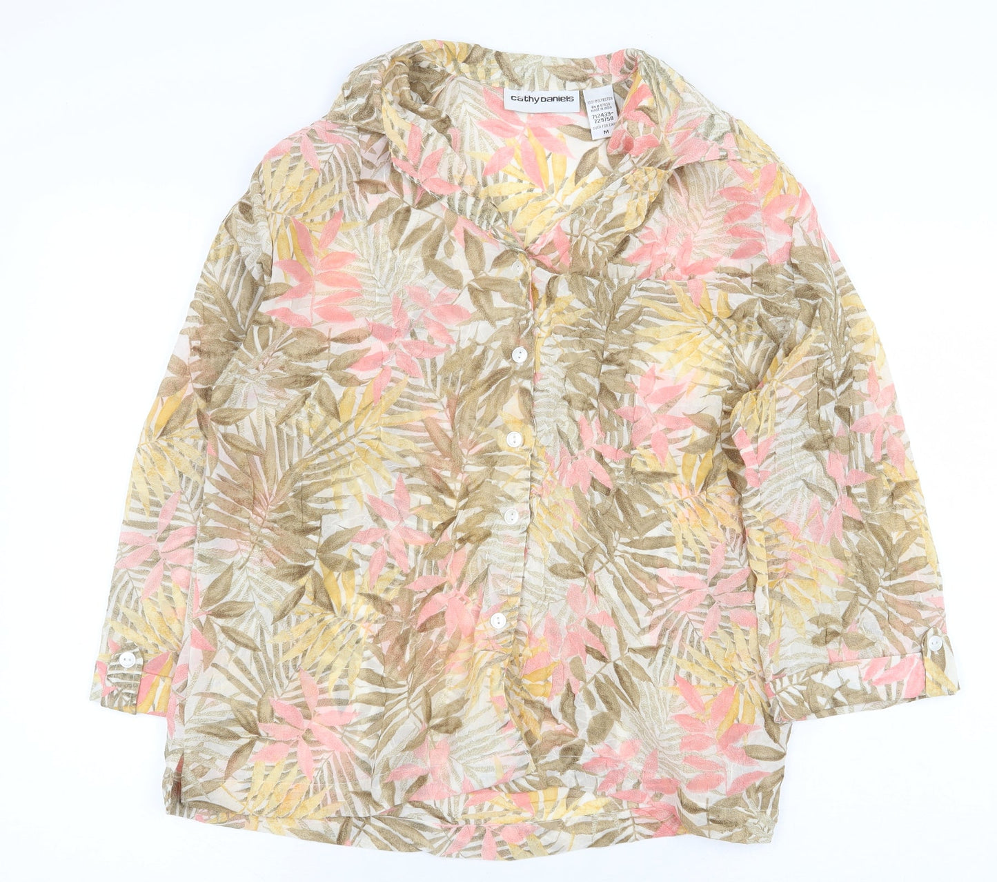 Cathy Daniels Womens Yellow Floral Polyester Basic Button-Up Size M Collared