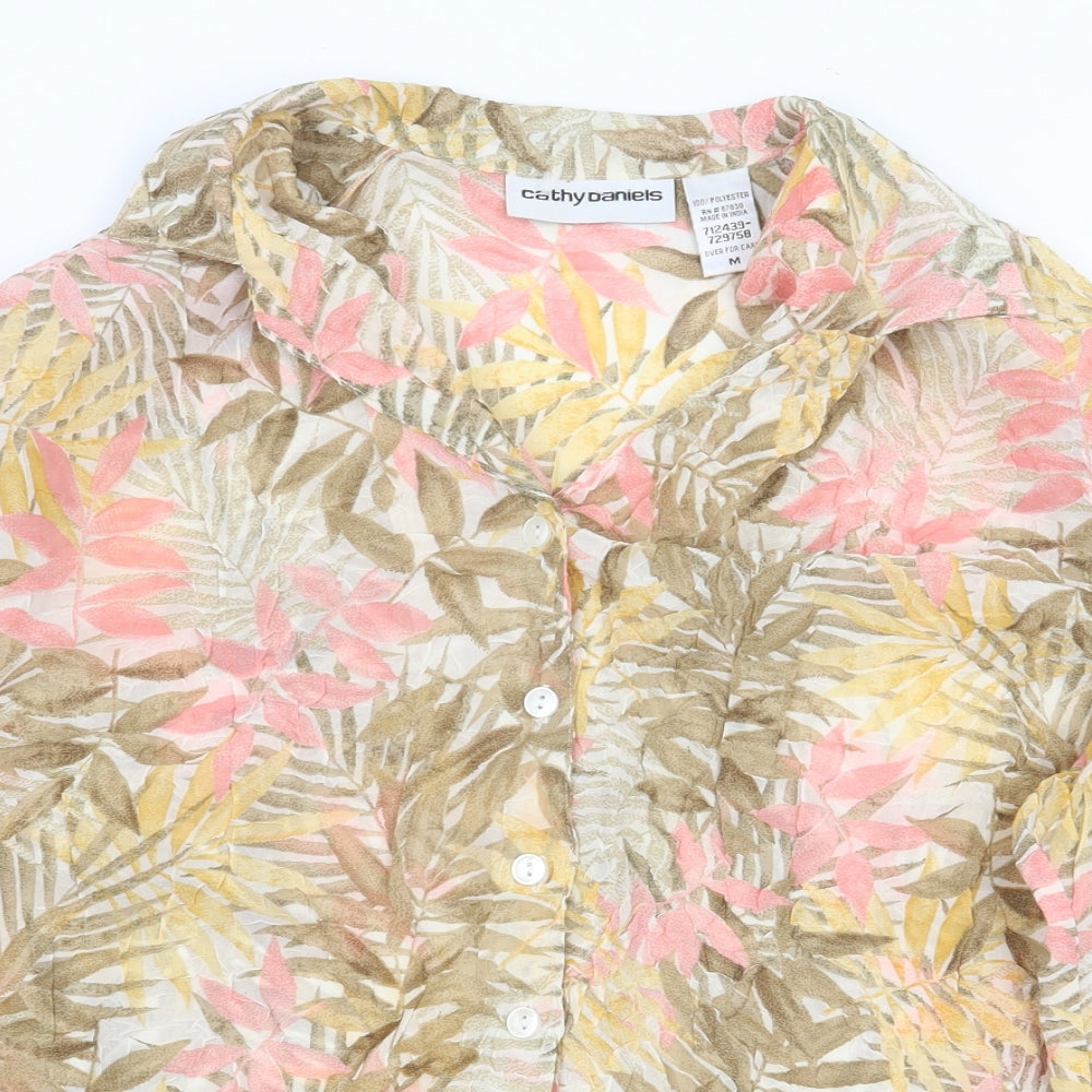 Cathy Daniels Womens Yellow Floral Polyester Basic Button-Up Size M Collared