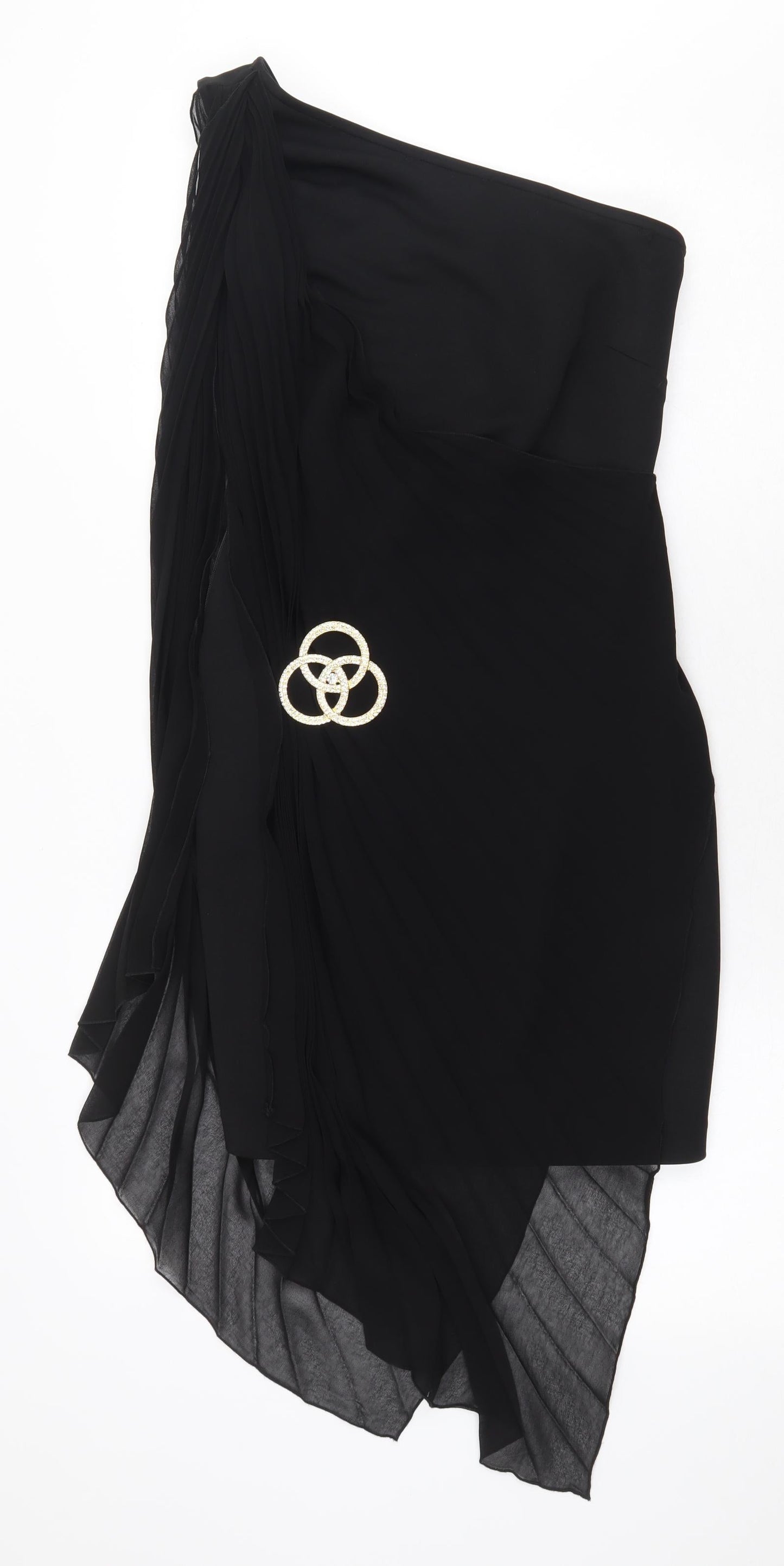 River Island Womens Black Herringbone Polyester Bodycon Size 10 One Shoulder Zip - Brooch