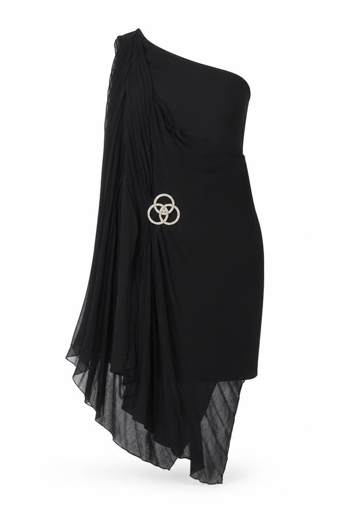 River Island Womens Black Herringbone Polyester Bodycon Size 10 One Shoulder Zip - Brooch