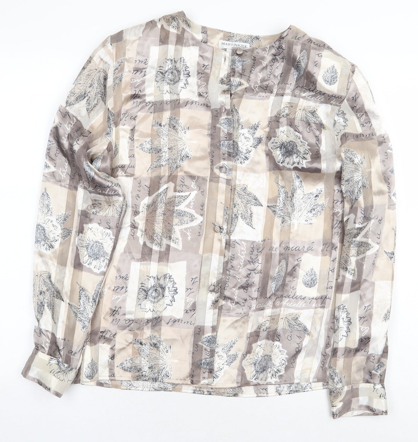 Martinique Womens Beige Floral Polyester Basic Button-Up Size 10 Round Neck
