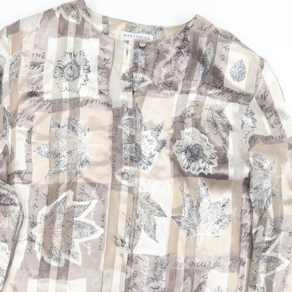 Martinique Womens Beige Floral Polyester Basic Button-Up Size 10 Round Neck