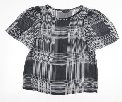 Marks & Spencer Womens Black Plaid Polyester Basic Blouse Size 16 Roll Neck