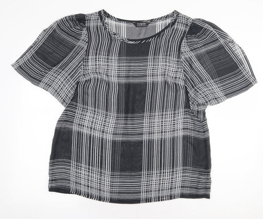 Marks and Spencer Womens Black Plaid Polyester Basic Blouse Size 16 Roll Neck
