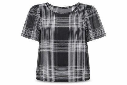 Marks & Spencer Womens Black Plaid Polyester Basic Blouse Size 16 Roll Neck