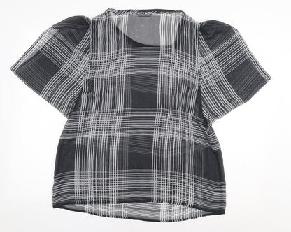 Marks & Spencer Womens Black Plaid Polyester Basic Blouse Size 16 Roll Neck