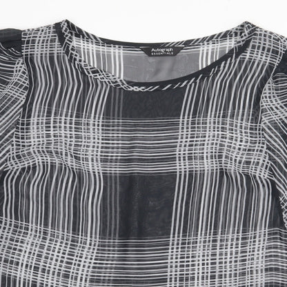 Marks & Spencer Womens Black Plaid Polyester Basic Blouse Size 16 Roll Neck