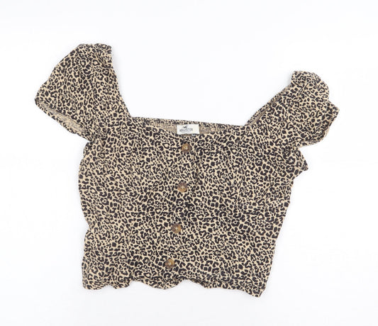 Hollister Womens Beige Animal Print Cotton Cropped Blouse Size M Square Neck - Leopard Print