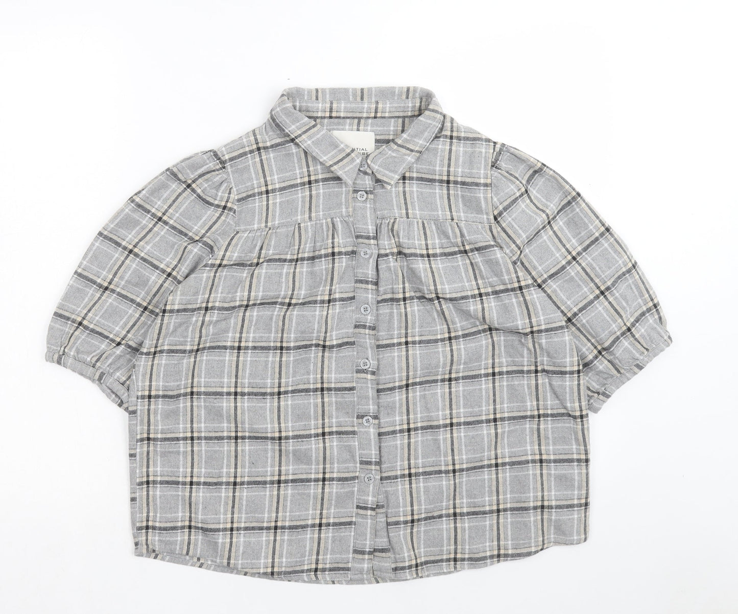 My Essentials Waredrobe Womens Grey Plaid Cotton Basic Button-Up Size 8 Collared