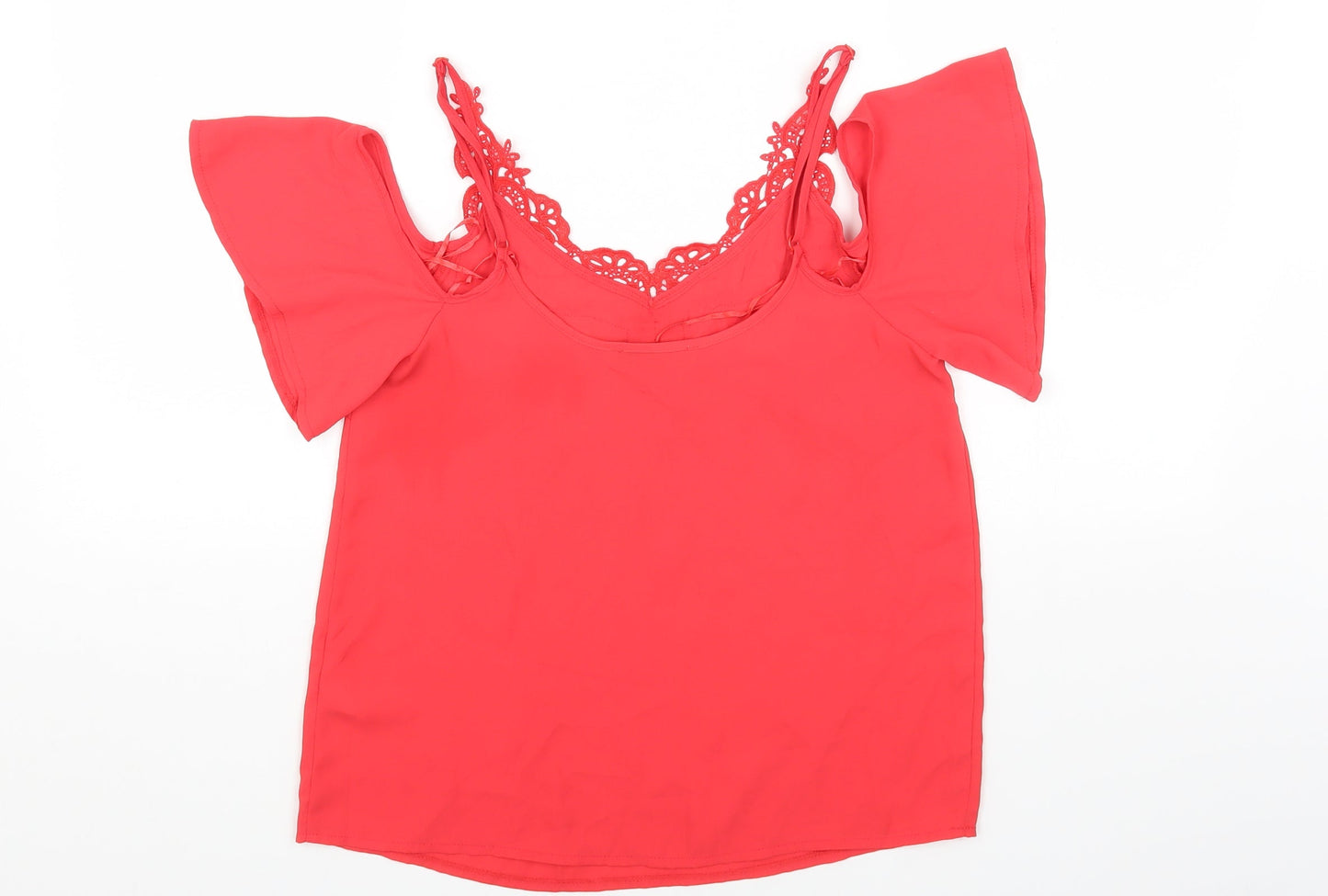 Oasis Womens Red Polyester Basic Blouse Size 8 V-Neck - Cold Shoulder Lace Detail