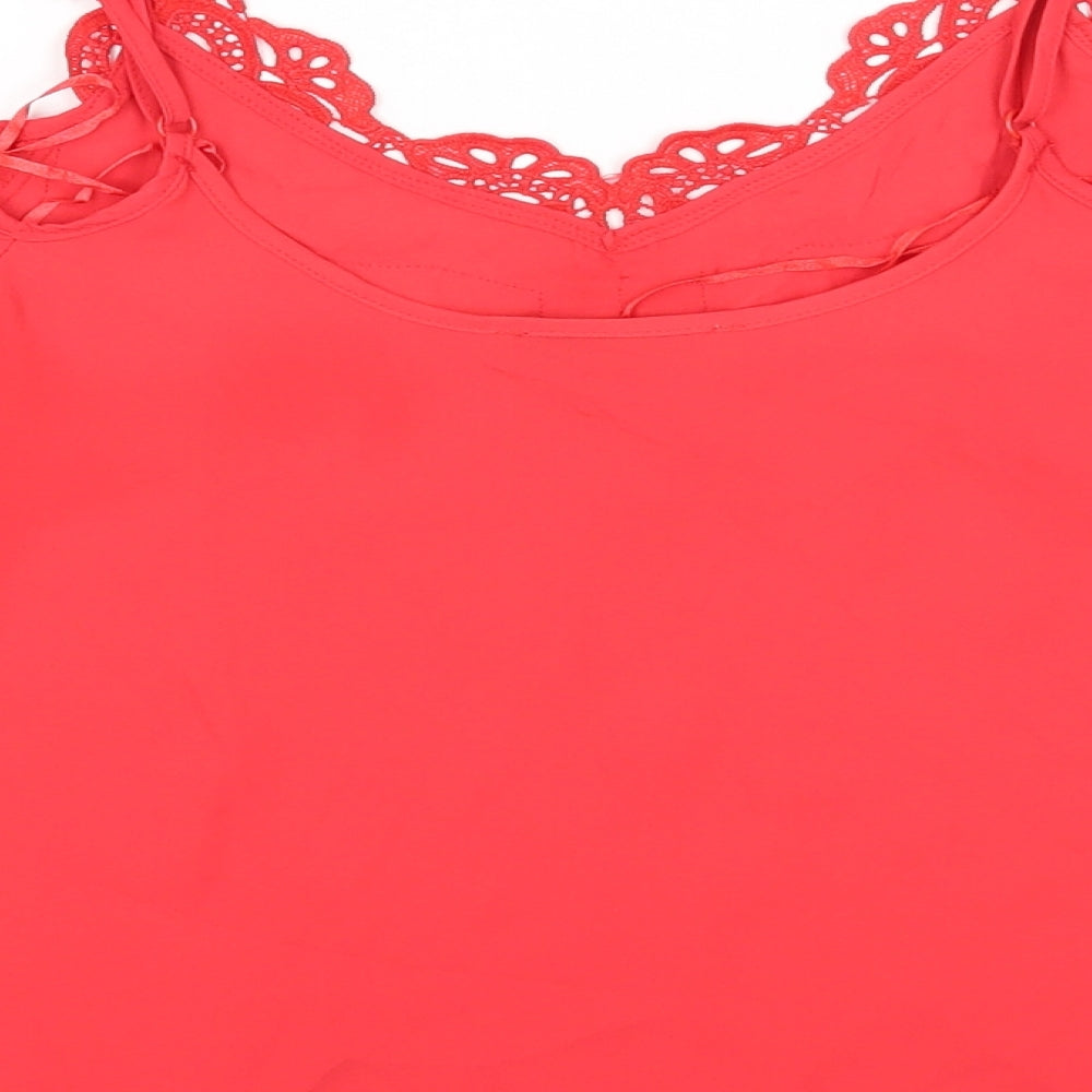 Oasis Womens Red Polyester Basic Blouse Size 8 V-Neck - Cold Shoulder Lace Detail