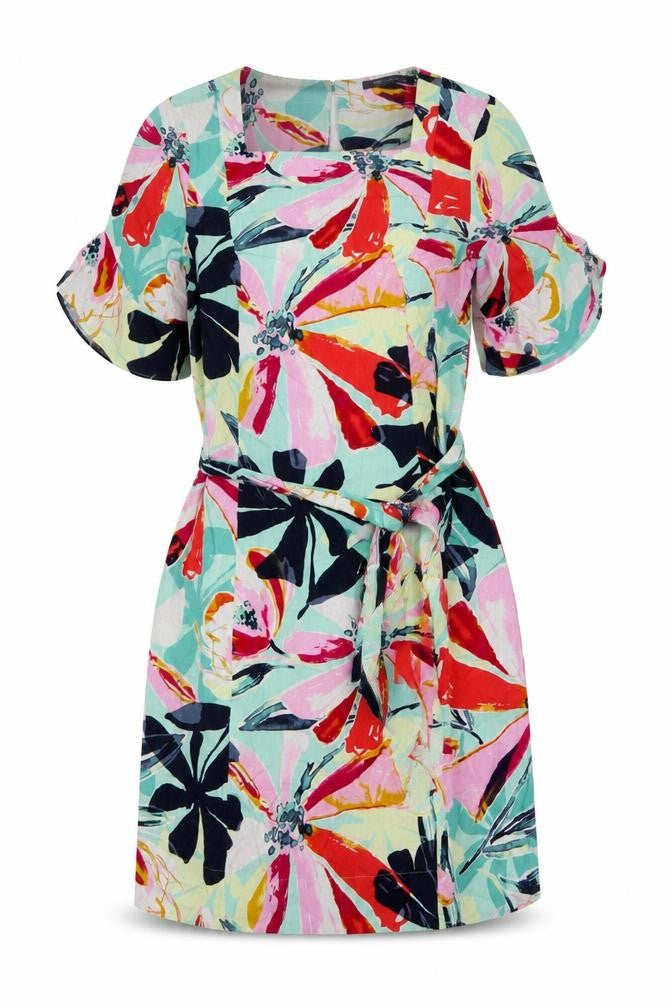 Marks & Spencer Womens Multicoloured Geometric Linen Fit & Flare Size 8 Square Neck Pullover