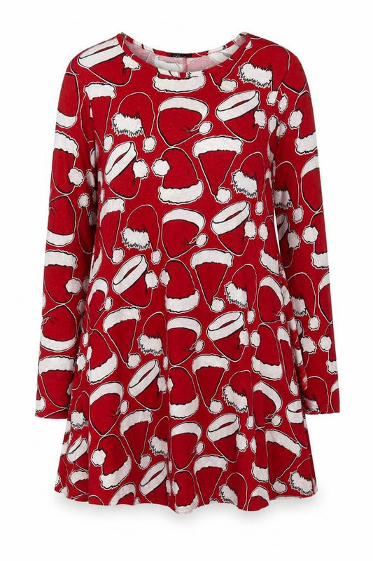 Sara Womens Red Geometric Viscose Sheath Size S Round Neck Pullover - Christmas Santa Hats