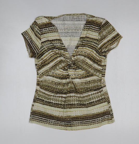 Preworn Womens Gold Striped Polyester Basic Blouse Size M V-Neck - Knot Detail